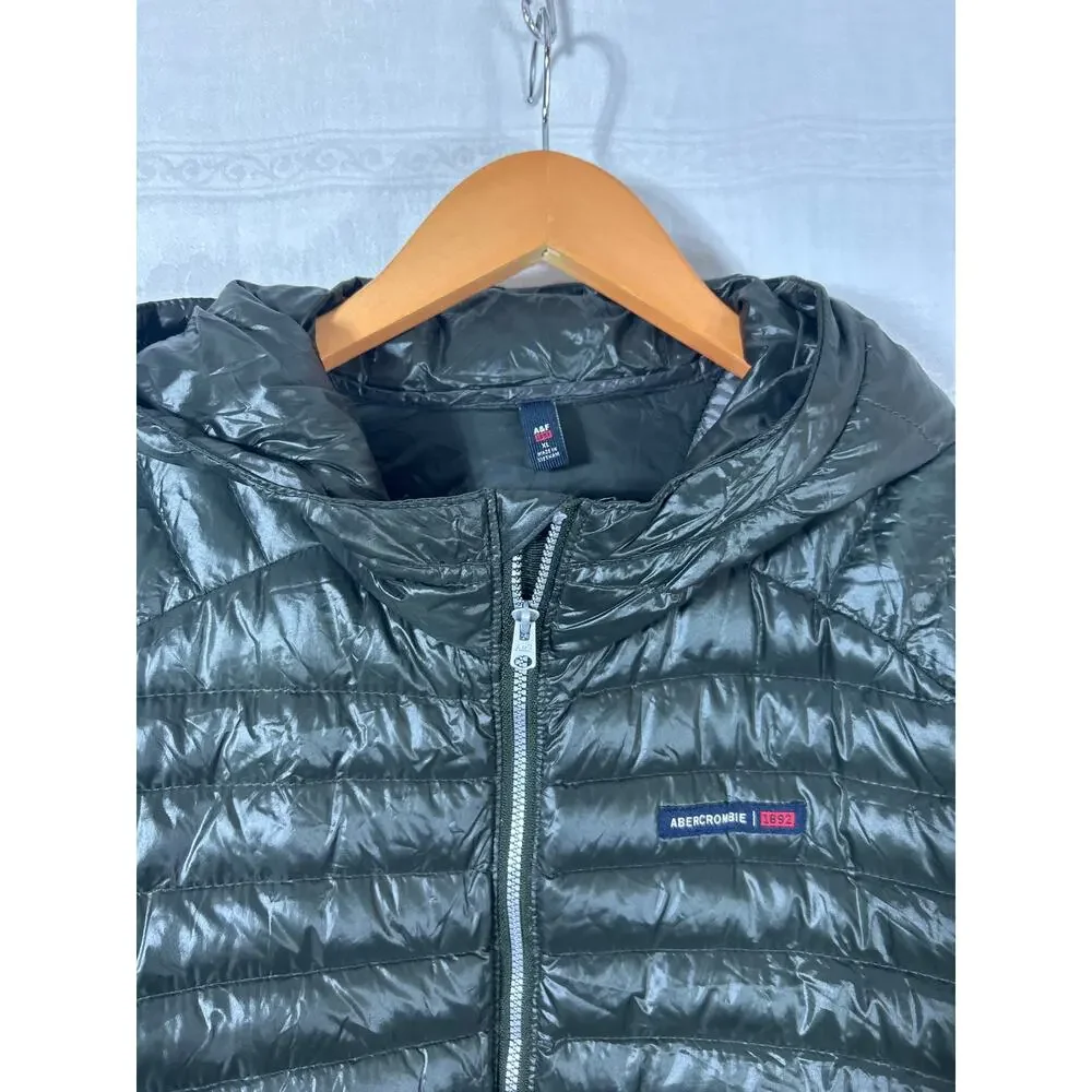 Abercrombie Fitch Jacket XL Full Zip Army Green Down Filled Quilted Hood Puffer - Picture 7 of 16
